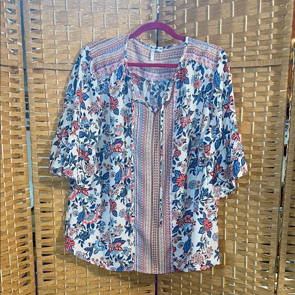Cato Blue and Pink Tie Front Blouse with Mandarin Collar - Picture 1 of 3